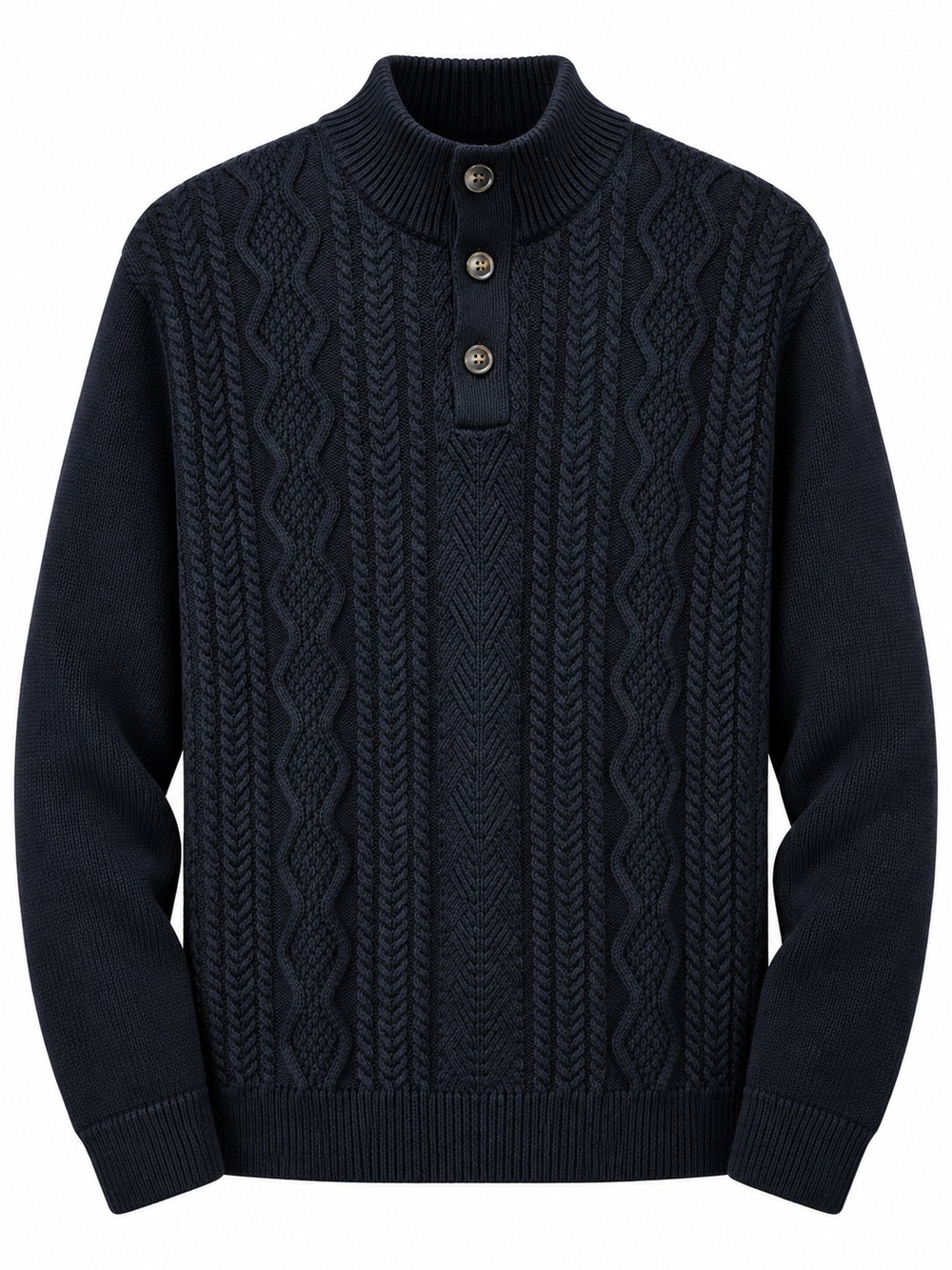 Chaps Men’s Large Navy Cable Knit 3-Button Mock Neck Cotton Sweater